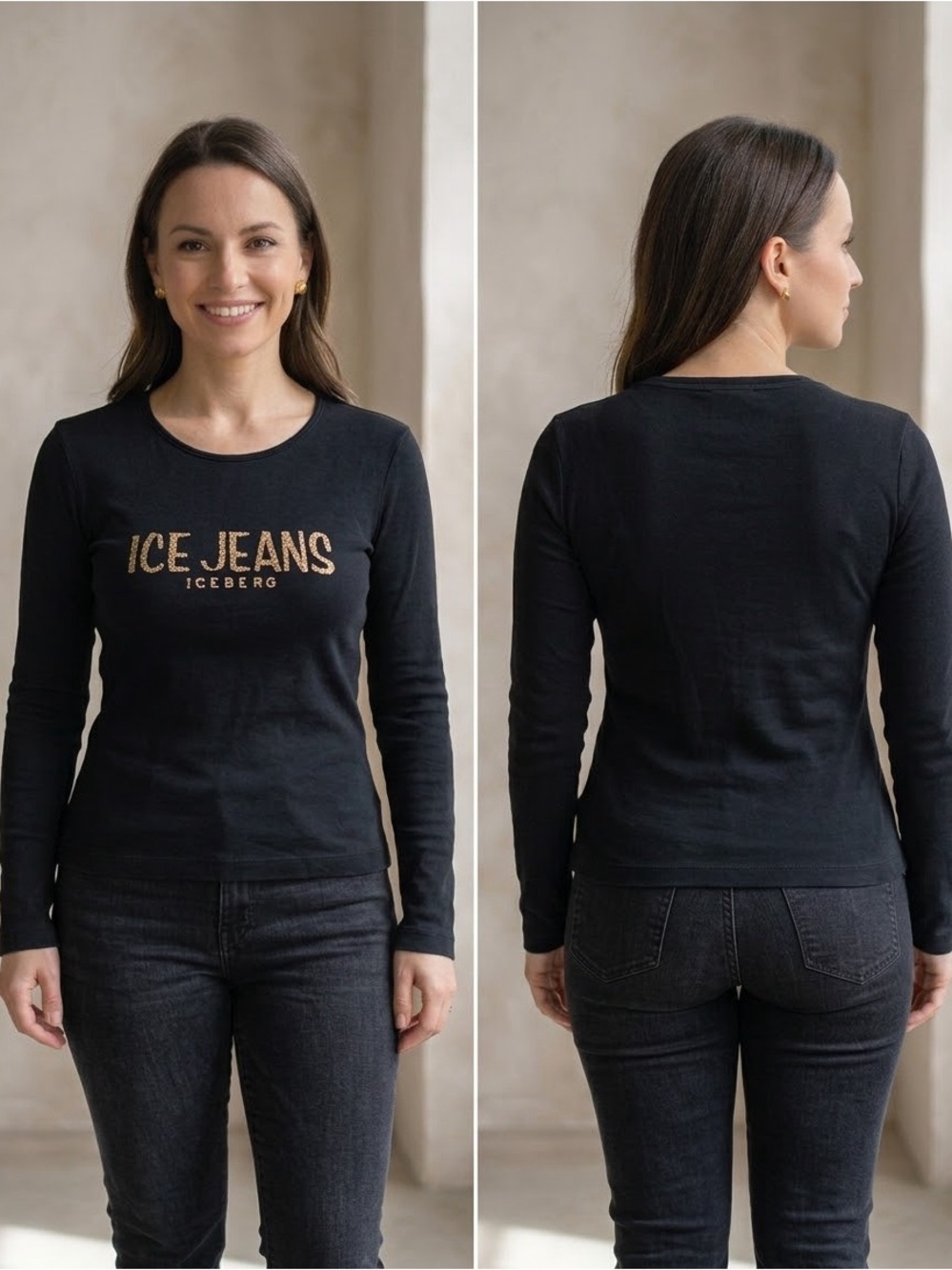 Iceberg Vintage Ice Jeans Black Glitter Logo Long Sleeve Top